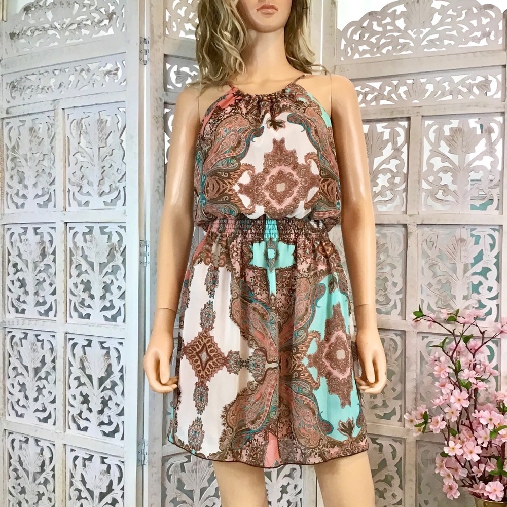 Sweet Storm Sleeveless Tile Print Halter Dress